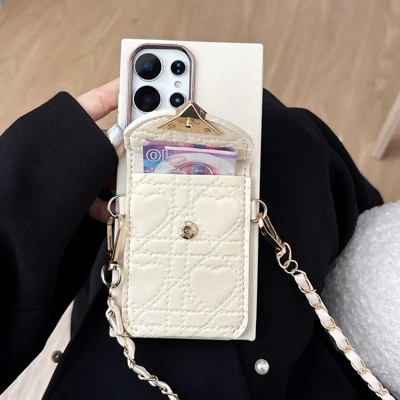 Elegant Heart Leather Wallet Phone Case with Chain Lanyard - Versatile Soft Cover