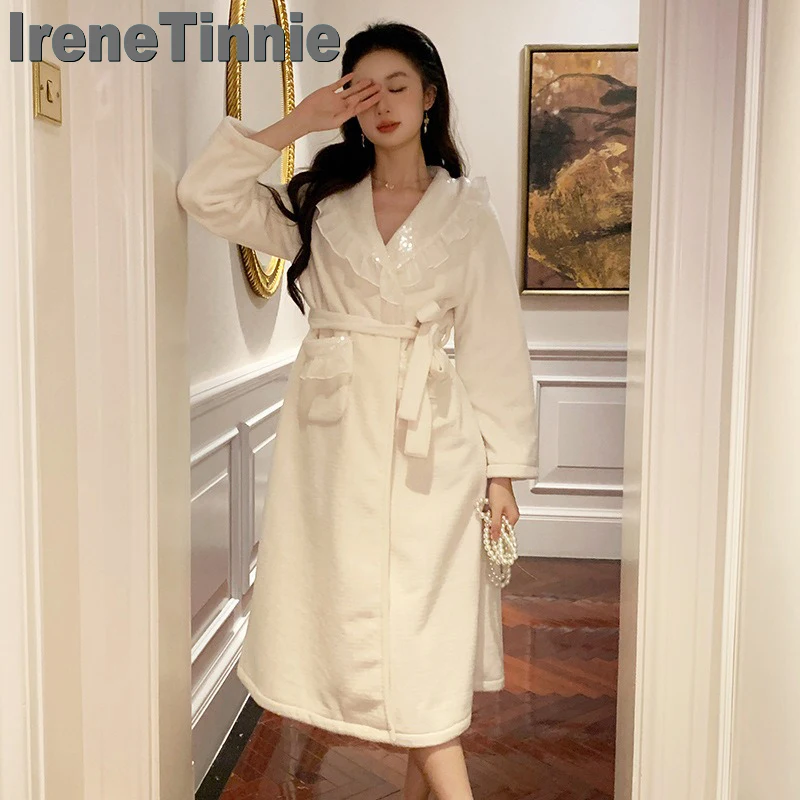 

IRENE TINNIE Lapel Girl Homeclother Women Soft Warm Thick Velvet Long Nightdress Winter Plus Size Pajamas Cute Belt Nightwear