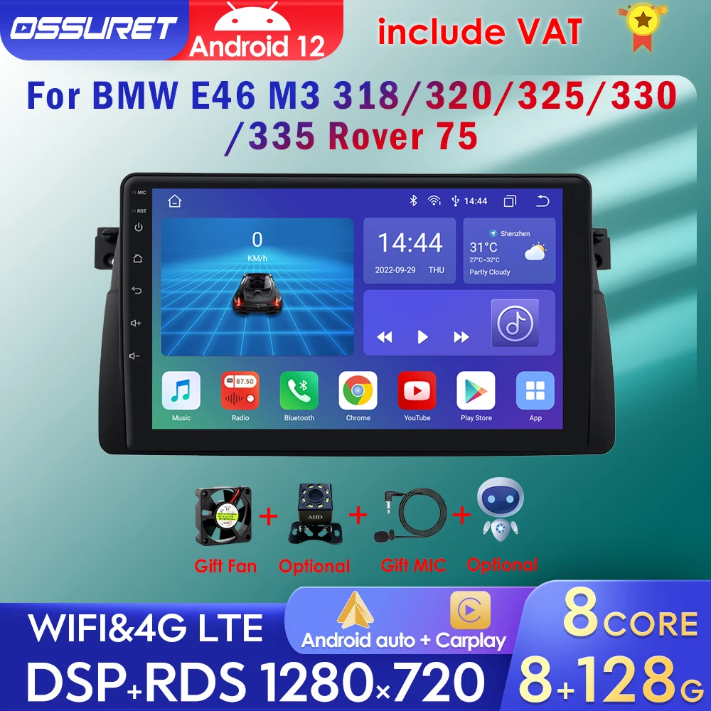 8 G128G Android 12 Car Multimedia Gps Per Bmw E46 M3 318/320/325/330/335 Rover 75 Coupe Navigation Audio Head Unit Carplay 2 Din