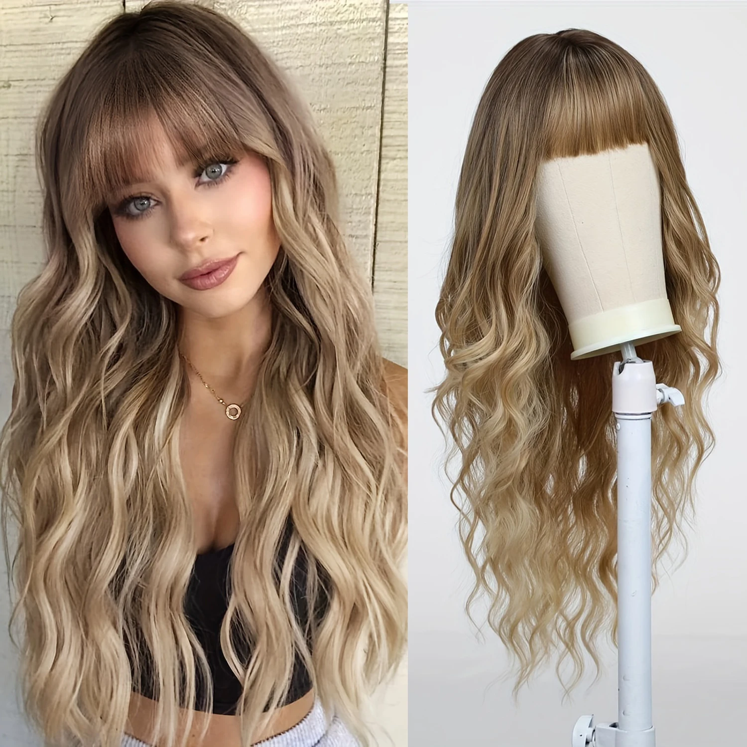 Ombre Brown Synthetic Wig with Fluffy Bangs for Women Long Loose Wavy Hair Brown Highlight Wigs Dark Roots for Daily Party Date