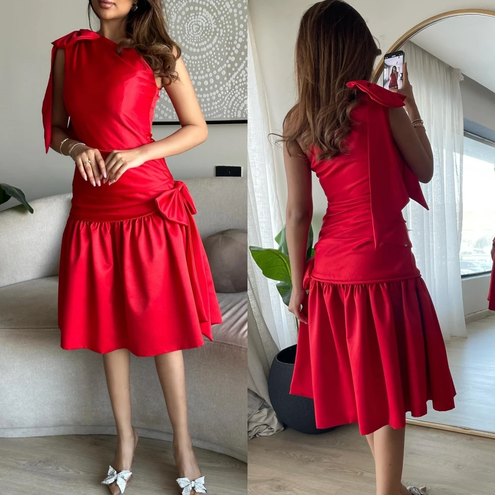 prom dress saudi arabia satin formal evening a line one shoulder bespoke occasion dresses knee length Prom Dress Saudi Arabia Satin Bow Draped Birthday A-line One-shoulder Bespoke Occasion Dresses Knee-Length