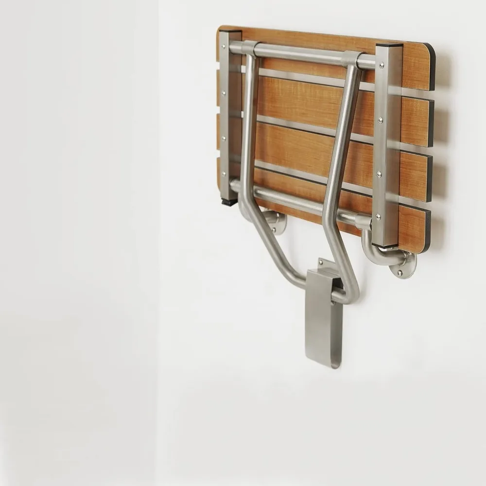 Brown wall mounted bathroom chair Folding Wall Mount Bathroom Shower Seat Bench, Teak Phenolic Seat Installed in the shower 4
