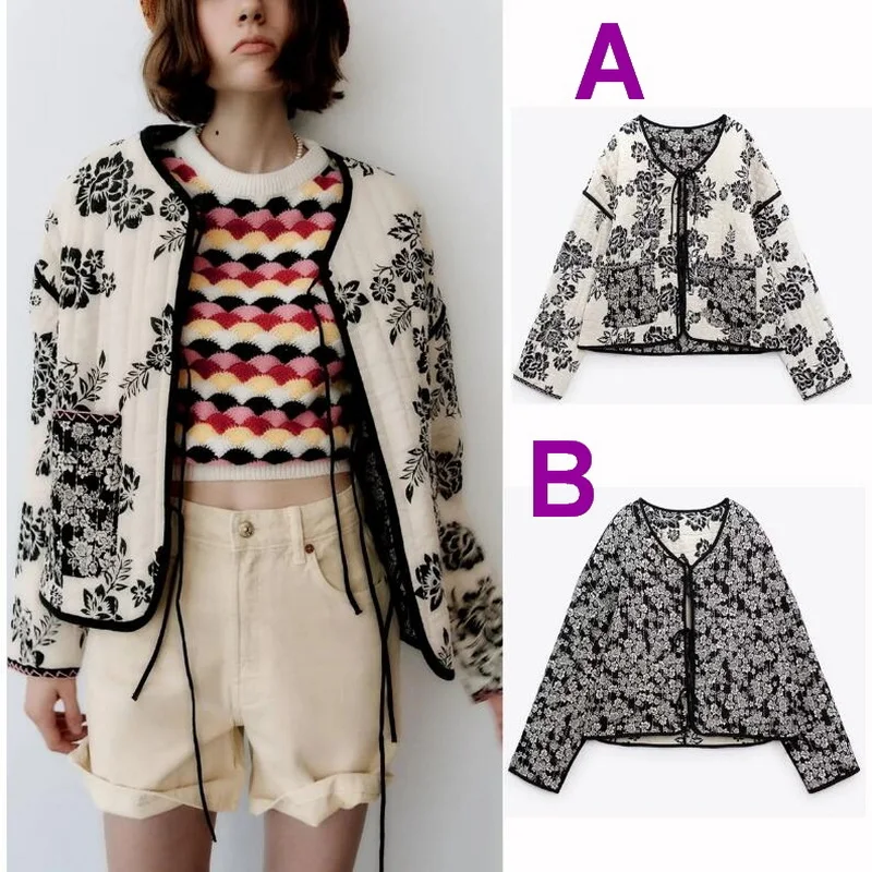 

Women's Autumn Winter Coat Double-sided Printing Flower Loose Thin Lace Up Cotton Jacket Large Pocket Baseball Round Jacket