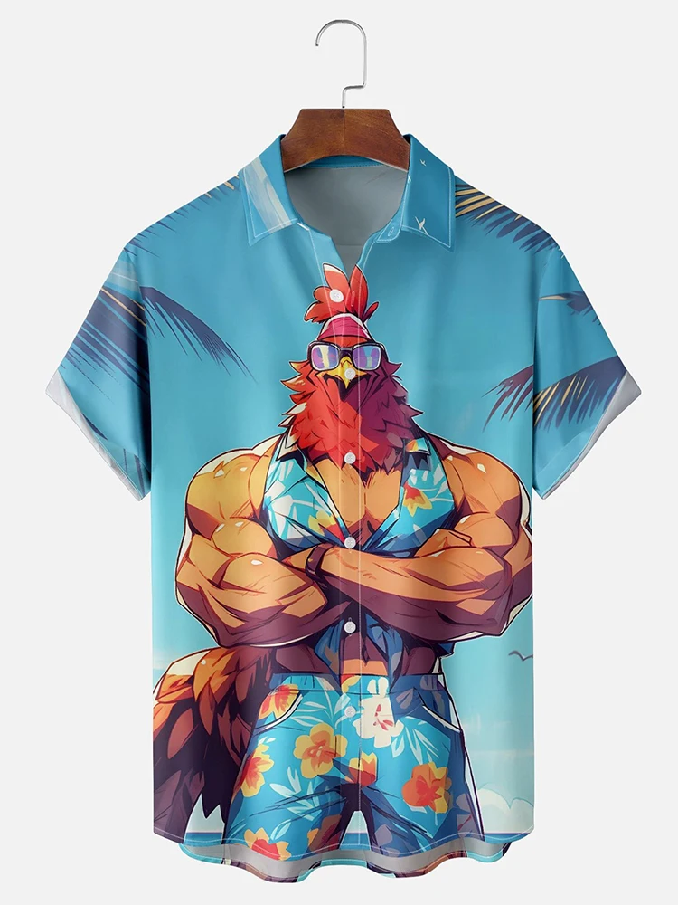 Summer Men's Short Sleeve Shirt Cartoon Chicken Print Men's Hawaiian Short Sleeve Shirt Seaside Fashion Men's Casual Shirt 4