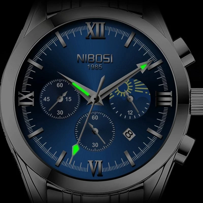 NIBOSI Fashion Moon Phase Quartz Watch for Men Luxury Leather Waterproof Calendar Chronograph Watches Mens Relogio Masculino