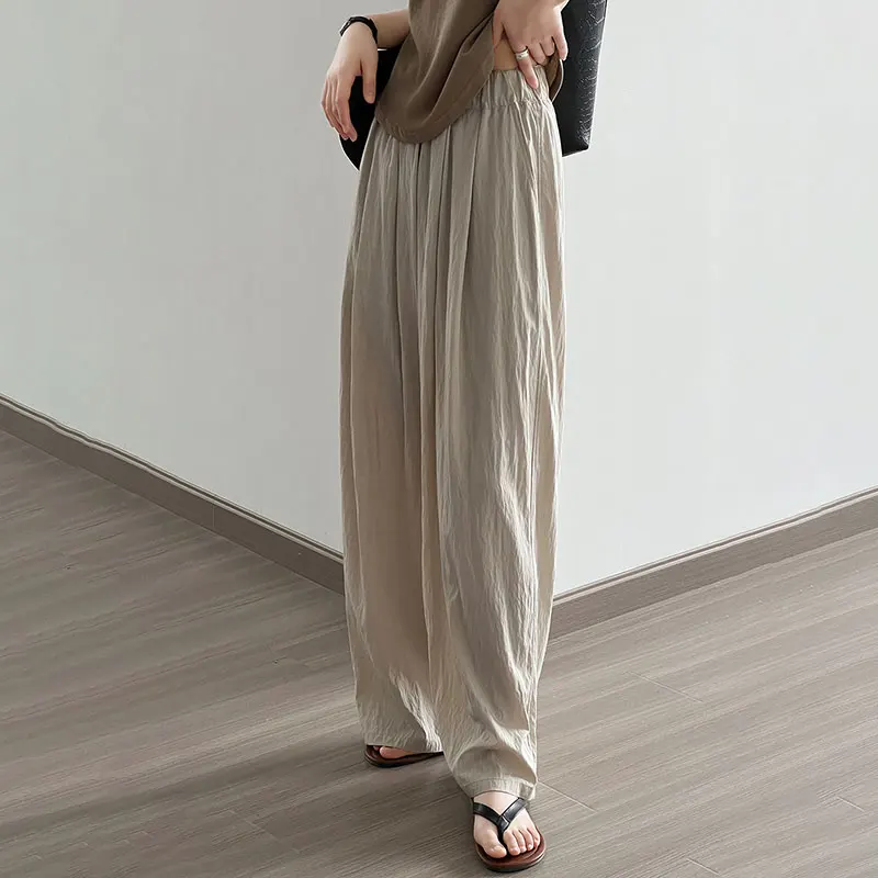 Thin Pleated Casual Pants Women 2024 Summer Japanese Lazy Drape Loose Elastic Waist Full Length Wide-leg Long Pants Comfortable
