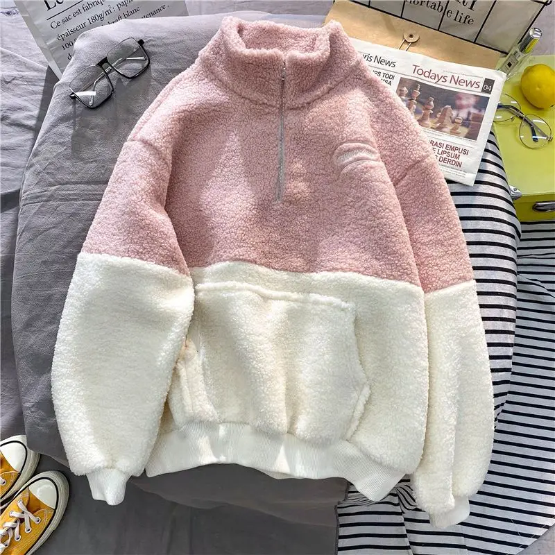 High Quality Women Patchwork Hoodies Stand Collar Lambswool Fashion Warm Cozy Loose Outerwear For Students Harajuku Winter New