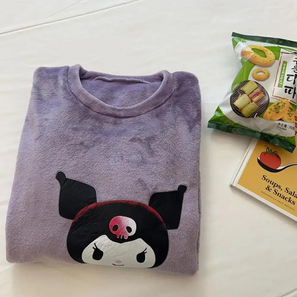 Cartoon Sanrioed Kuromi Plush Nightdress for Women Kawaii Anime Home Clothes Spring Winter Thicken Long Style Pajamas Sweet Girl