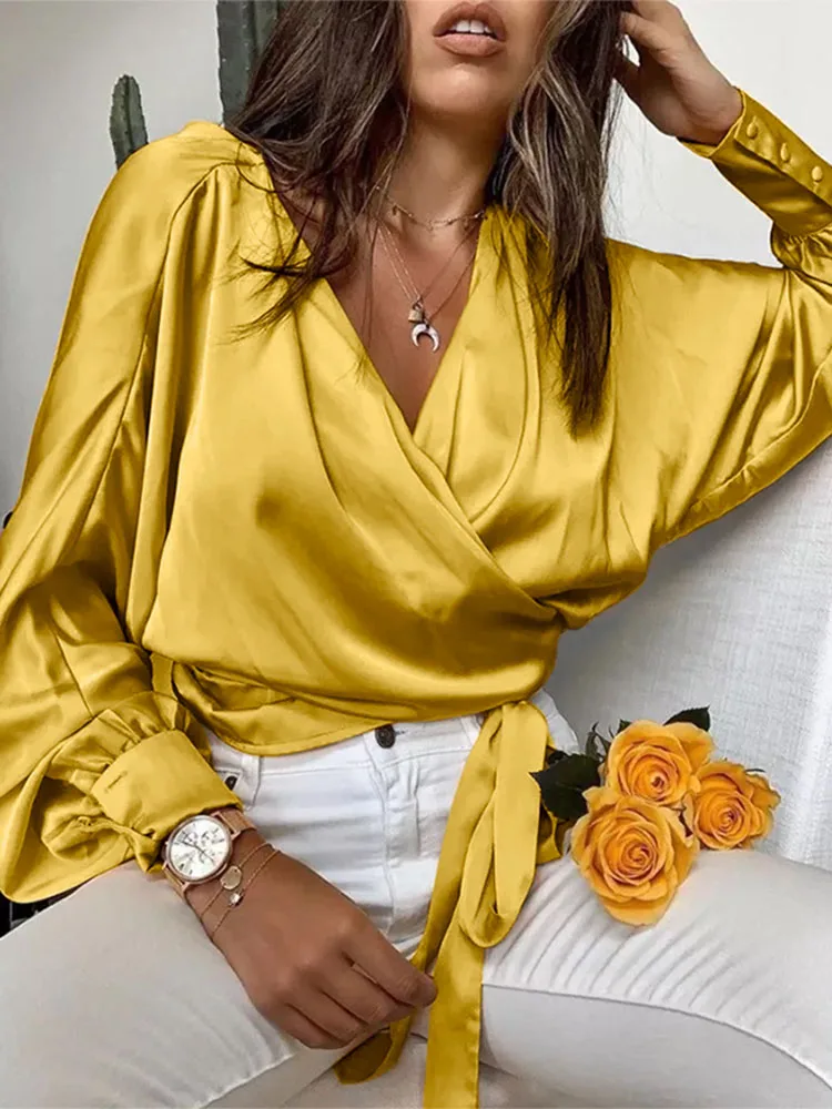 Celmia Fashion Women Satin Blouses 2021 Elegant Long Bat Sleeve Cross V Neck Bandage Waisted Tops Autumn Haut Style Wrap Shirts | Женская
