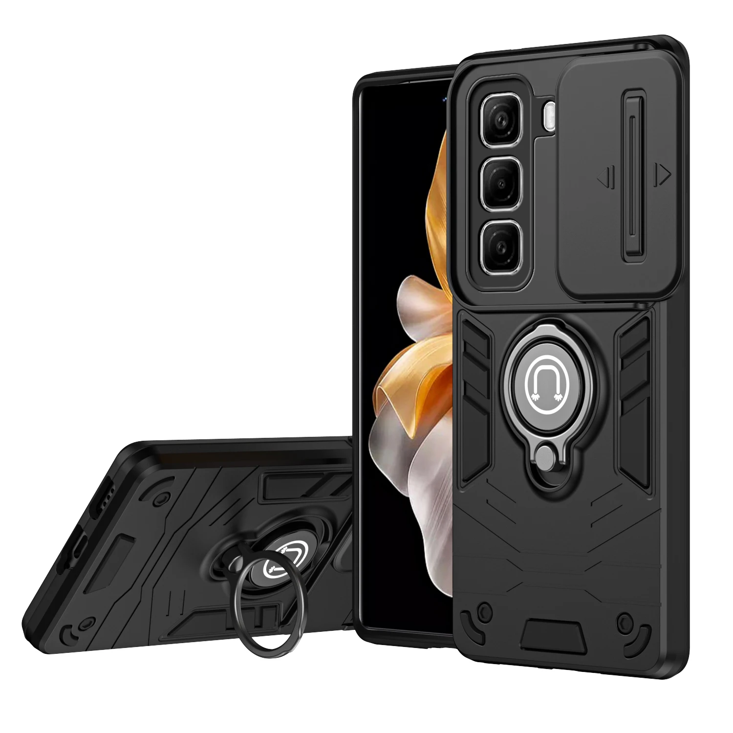Hybrid Armor Shockproof Phone Case with Sliding Window and Metal Ring Holder