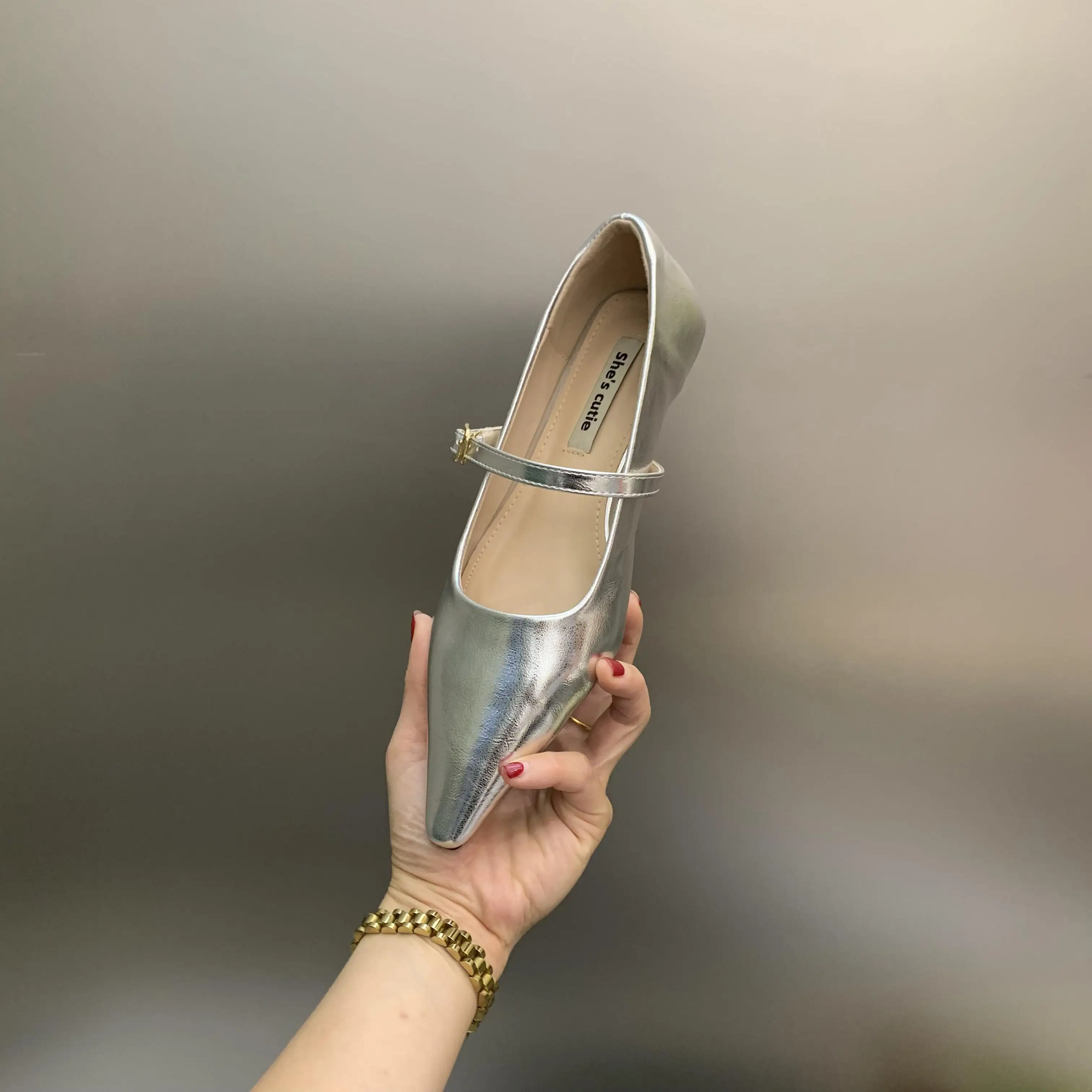 2025 Spring and Autumn New Fashionable Silver Mary Jane Shoes French Pointed Flat Bottom Women's Leather Shoes 5