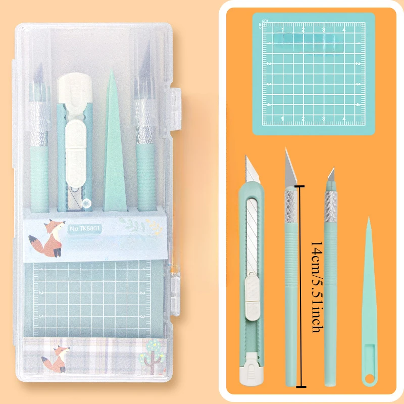 Knife cutting pad set Pen knife Carving knife utility Mint green cutting paper pad pointed tweezers tool