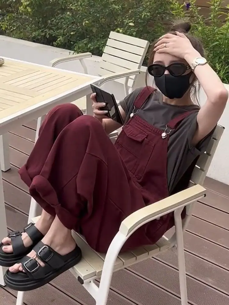 Straps Jean Vintage Women Summer 2024 Korean Style Loose Red Pockets Denim Wide Leg Jumpsuits Tide Casual Straps Jeans Versatile