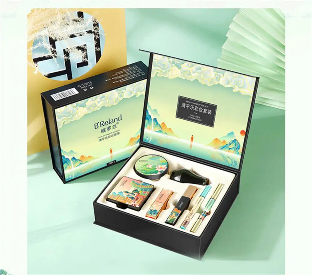 Sky Makeup Set Elegant Green Chinese Beauty Cushion BB Cream Lipstick Brow Pen Eyeliner Mascara Face Cosmetics Kit Gift Box