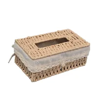 Grass Woven Tissue Box Drawstring Box Living Room Napkin Box Creative Fabric Extraction Solid Wood Tissue Storage Box 2