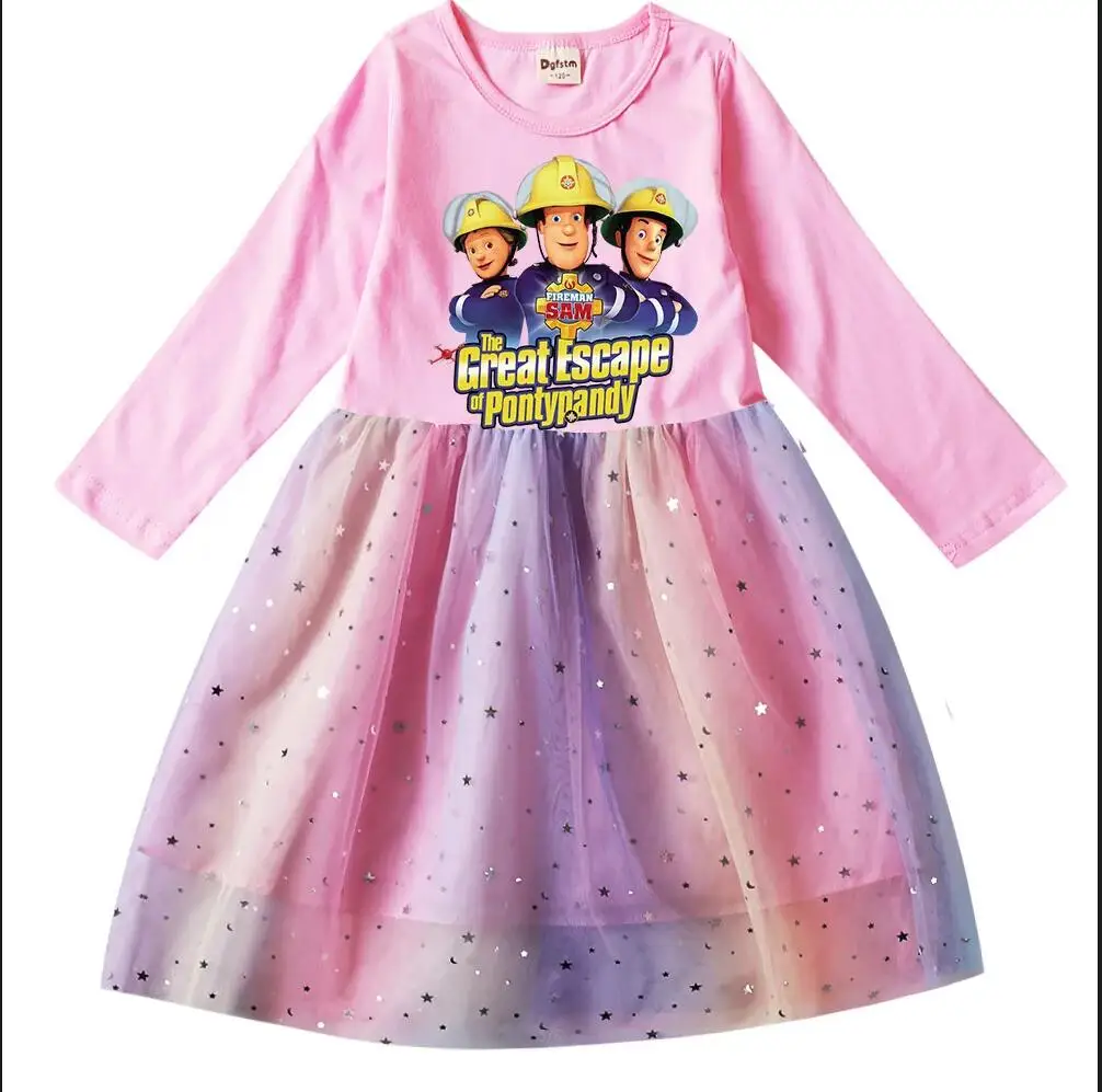 

Fireman Sam Clothes Kids Princess Vestidos Baby Girls Long Sleeve Casual Dresses Girl Sequin Mesh Birthday Wedding Party Dress