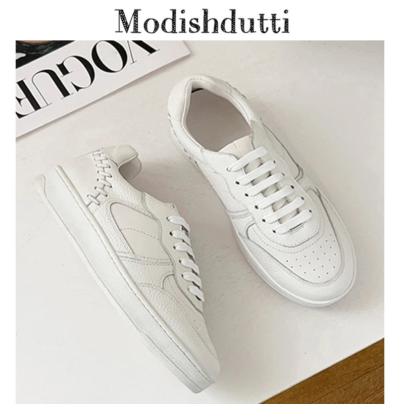 

Modishdutti 2023 Spring Autumn Women Fashion Genuine Leather White Flat Lacing Shoes Female Casual Solid Color Simple Sneaker