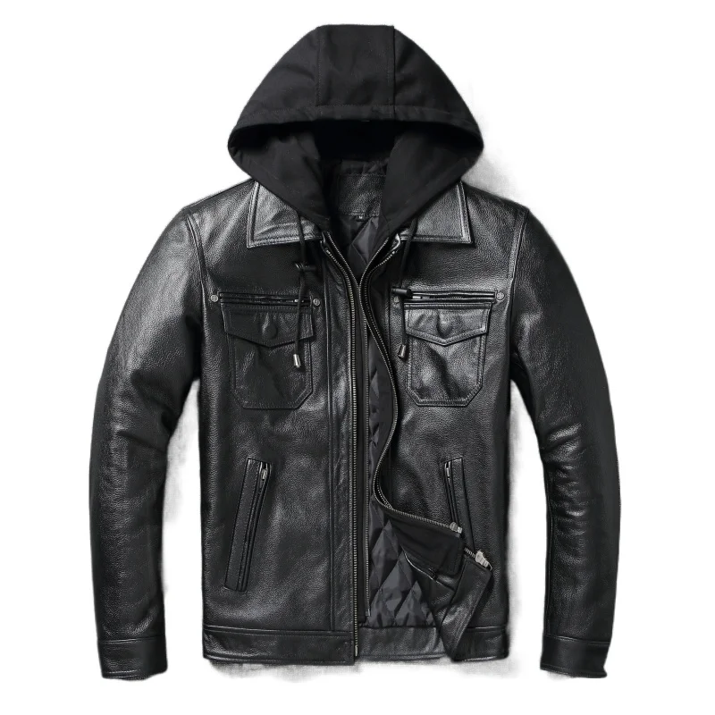 

Removable Hooded Leather Jacket Men Genuine Cowhide Leather Coat Slim Biker Clothing Mens Coat Winter Veste Cuire Homme