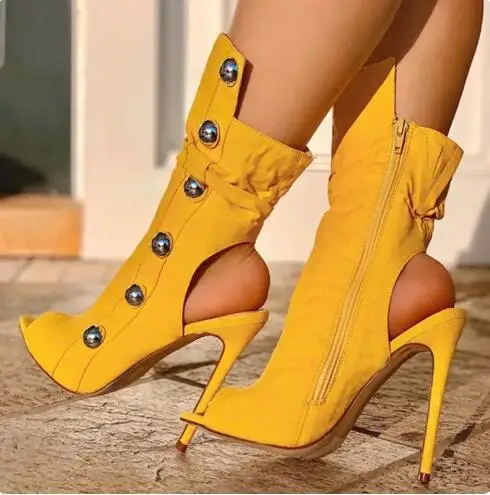 

Bright Yellow Suede Sliver Metal Buttons Decor Peep Toe Zipper Side Stiletto Heels Slingback Ankle Boots Women Short Booties