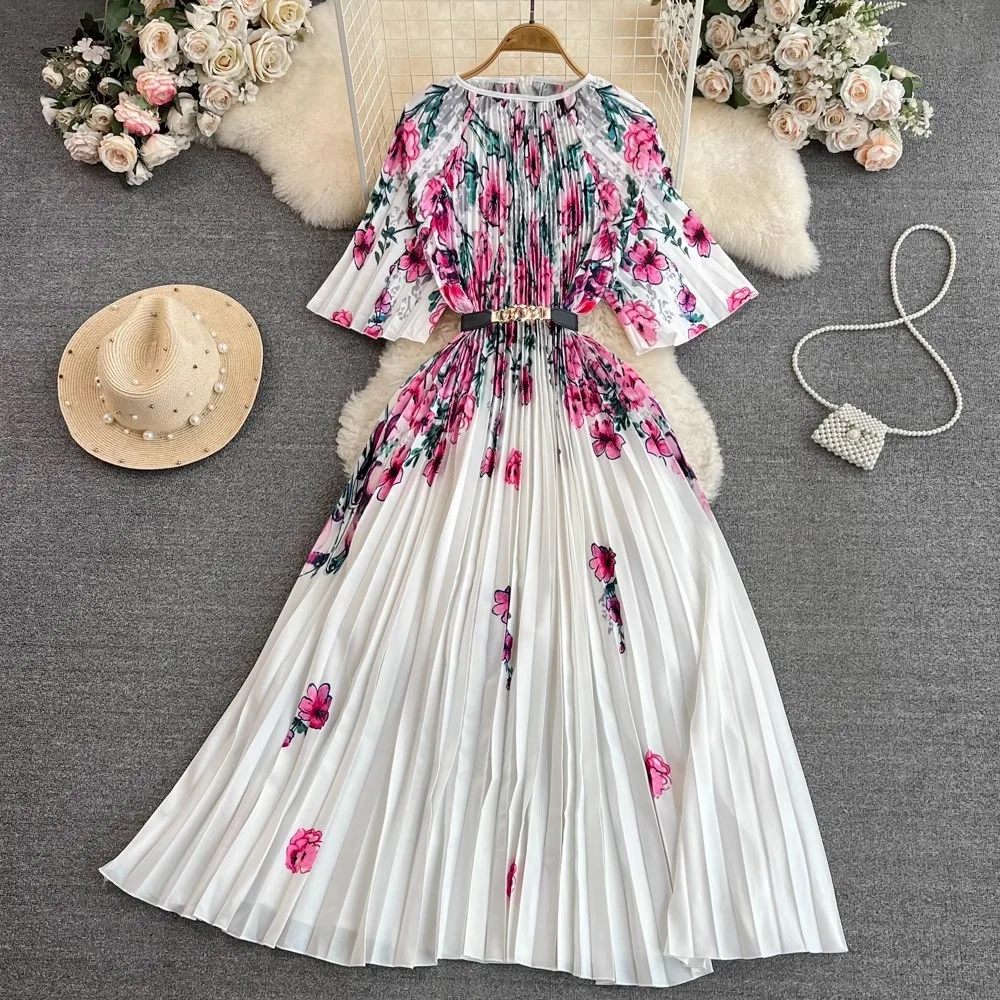 

2023 Elegant Summer Flower Print Pleated Maxi Dress High Quality Women Round Collar Flare Sleeve Loose Holiday Long Vestidos