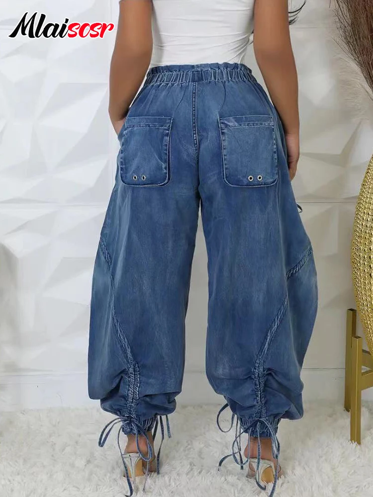 Mlaiscsr Fashion Women Lantern Harem Jeans Drawstring Bandage Loose Blue Straight Wide Leg Denim Pants Streetwear Trousers y2k 3