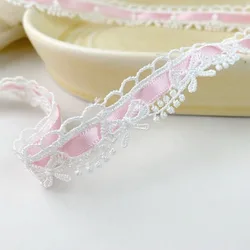 Pink and White Floral Bow Ribbon - 1.8cm Wide Lace Trim for Crafts, Gift Wrapping, and Decoration (1 Yard) (Pink)