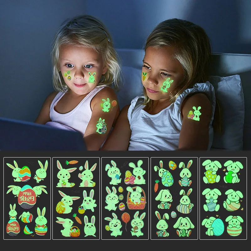 

10pcs Luminous Tattoo Stickers Temporary Rabbit Bunny Egg Children's Body Glowing Tattoo Waterproof Happy Easter Party Kids Gift