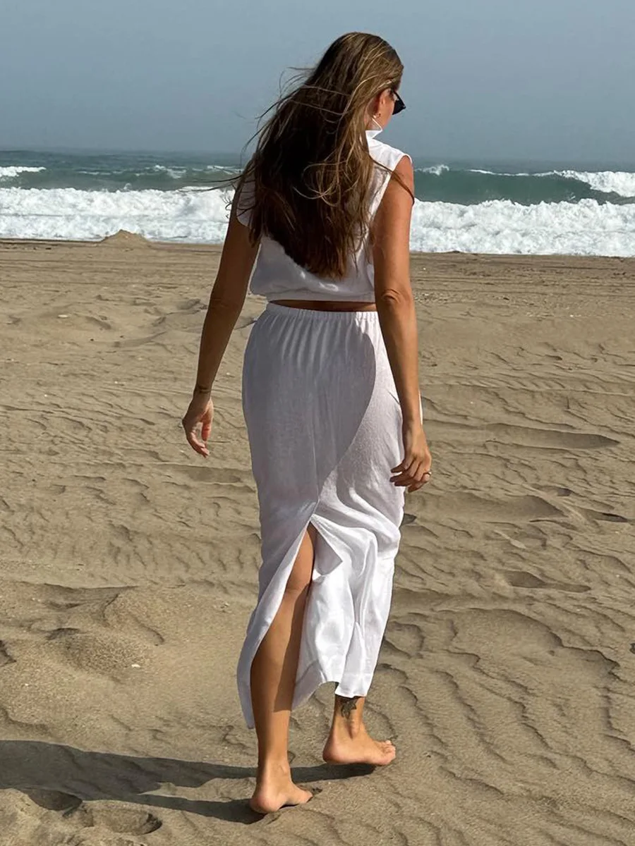 Bornladies Women's 2026 Spring Summer New Two-Piece Set Collared Zip Sleeveless Tank & High-Waist Split Midi Skirt Outfit