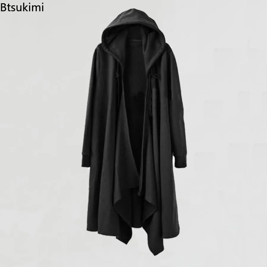 Spring Autumn New Men Ribbons Patchwork Punk Hip Hop Long Trench Coat Hooded Cloak Men Black Techwear Vlevet Jacket Overcoat