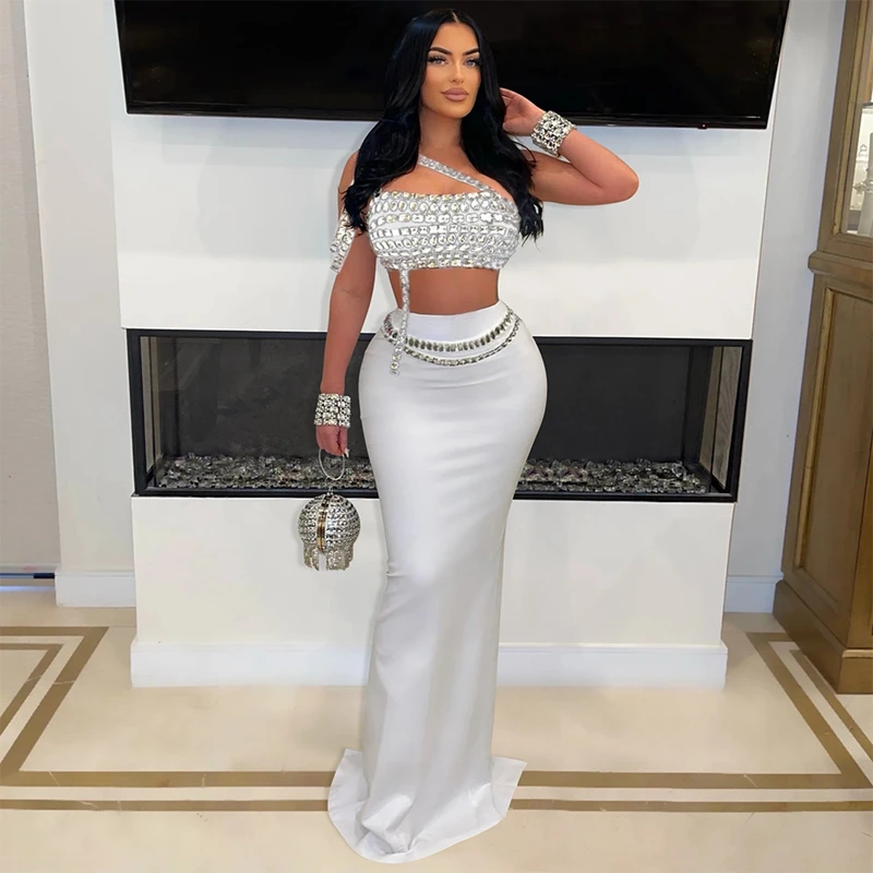 Rhinestone Women's Two Piece Dress Set Summer Spaghetti Strap Crop Top And Skinny Bodycon Maxi Skirt Sexy Evening Party Dresses