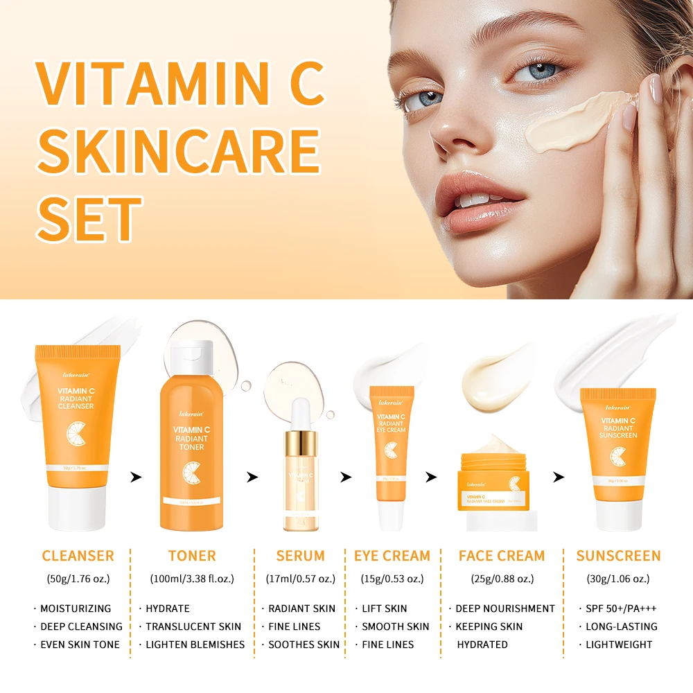 Skin Care Set Vitamin C Skincare Set 6-piece Set Including Toner Serum Eye Cream Face Cream Sunscreen Cleanser Deep Moisturizing Skin