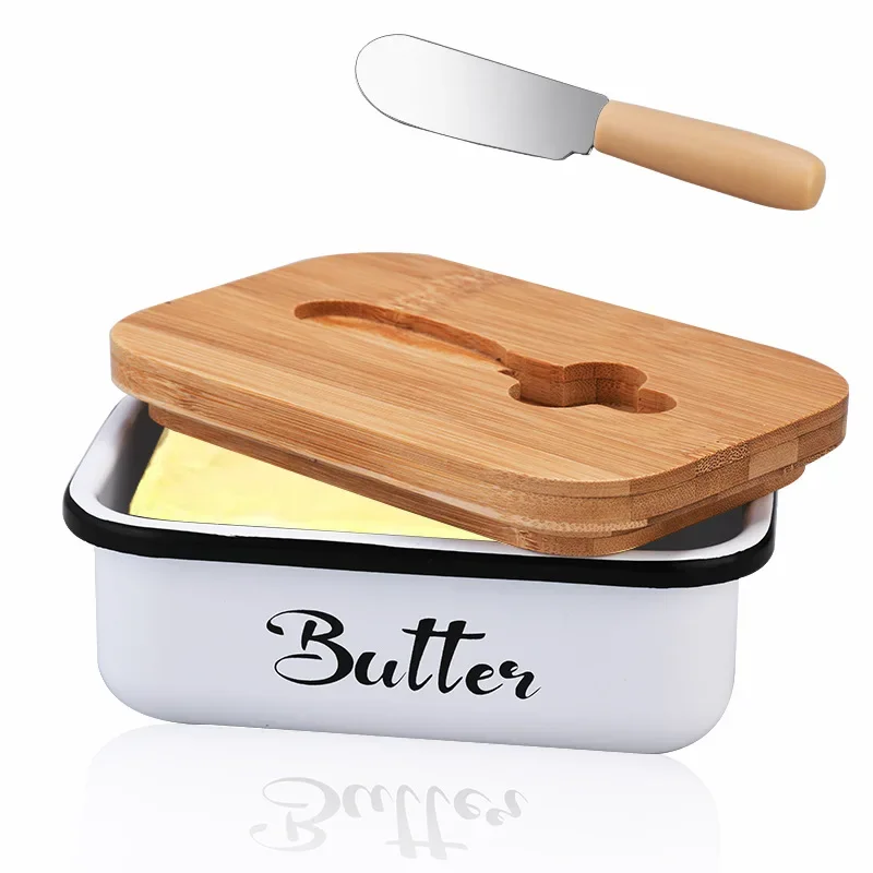 Rectangular Butter Container Restaurant Sealed Storage Box Cheese Box with Bamboo Lid Butter Slicer Home Dish Tableware