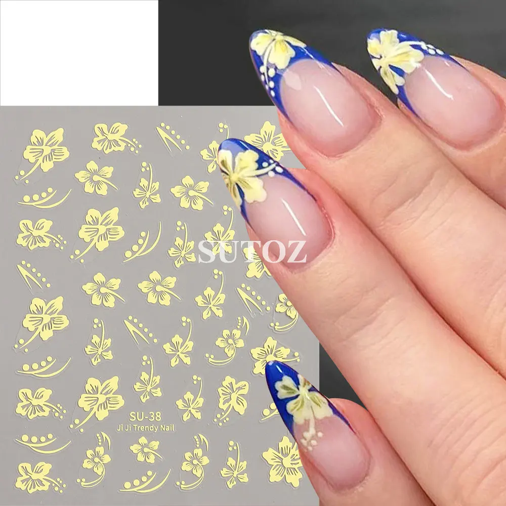 3D Blue Hibiscus Nail Art Stickers Yellow Hawaiian Flowers Decals Golden Floral Sliders Nail Charms Manicure Decors LEBSU-38 nail stickers,nail art decoration