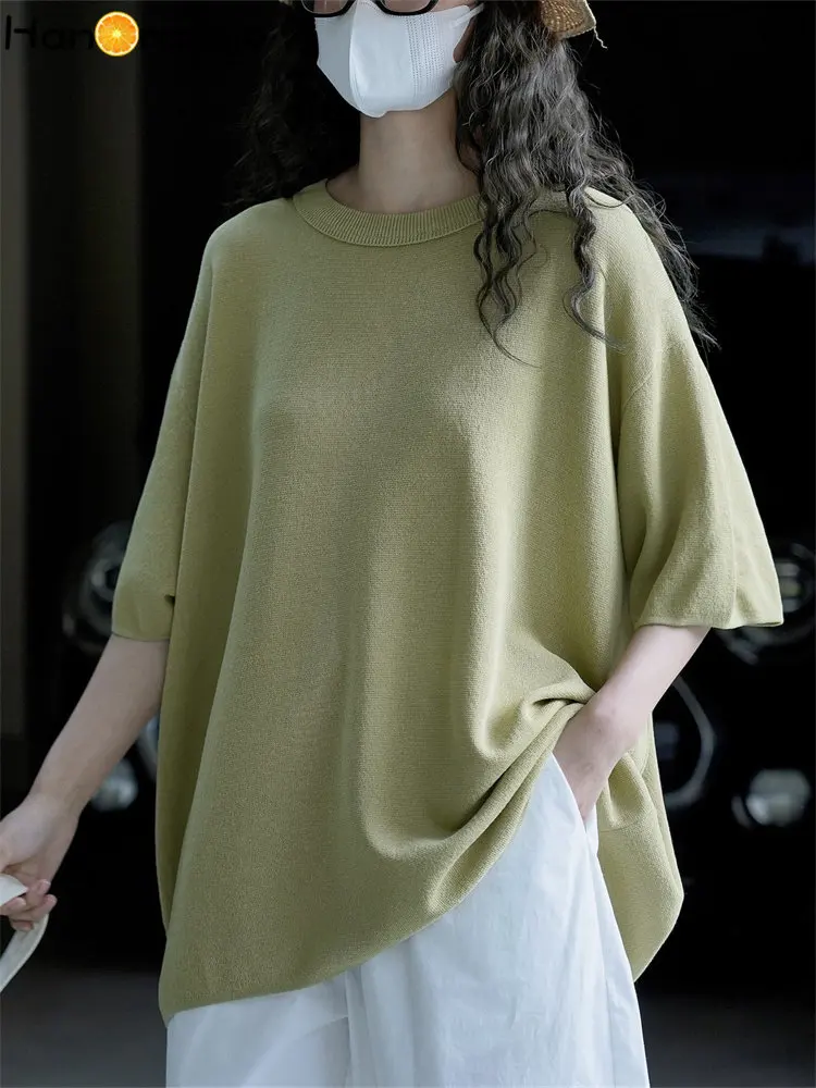 

HanOrange 2023 Summer Simple Lazy Knitted Short Sleeve T-shirt Women Loose Comfortable Tees Female White/Black/Chartreuse/Pink