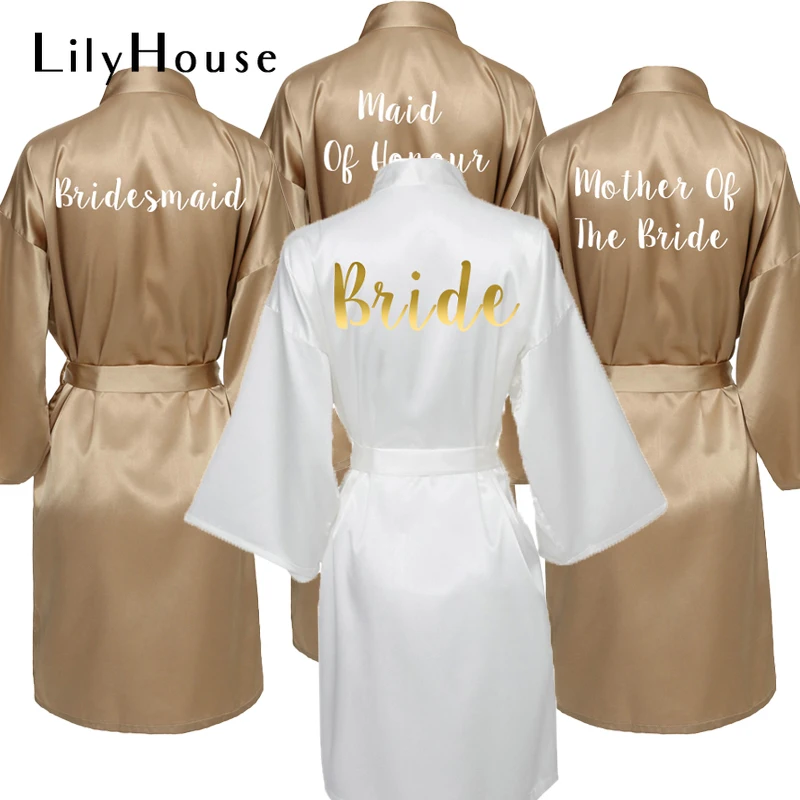 

Атласные шелковые халаты, халат для невесты и подружки невесты, халат, женский свадебный халат, халат, золотистый халат с текстовым принтом на заказ