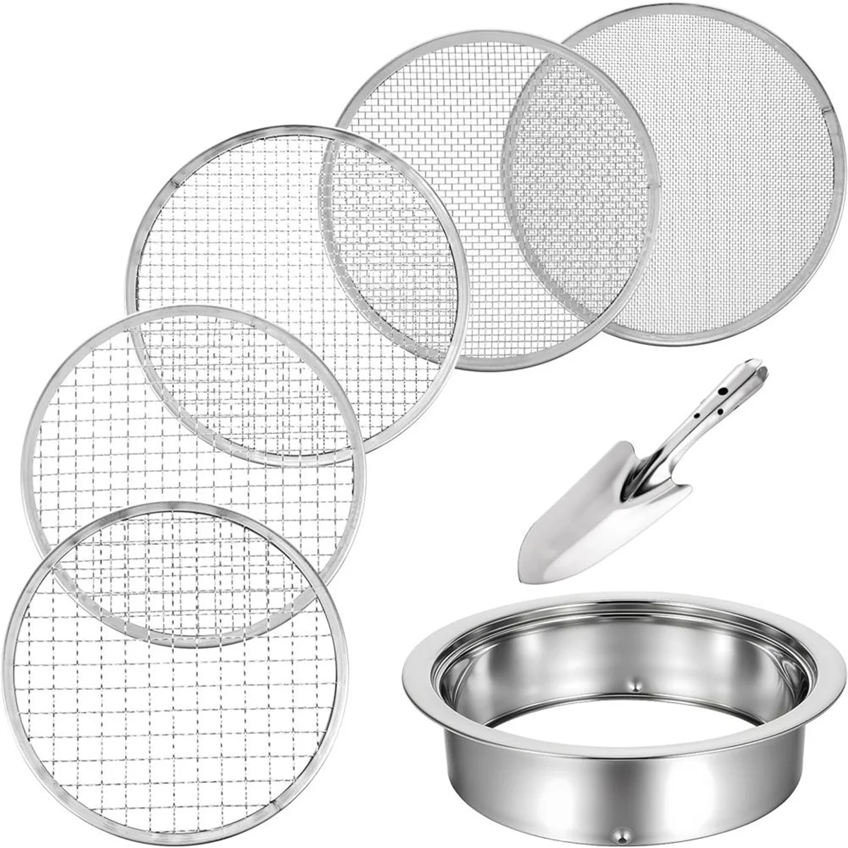 XMLX Soil Sifter Riddle Sieve Set for Gardening with 5 Sizes 8 Inch Diameter 1/3/6/9/12mm Interchangeable Meshe