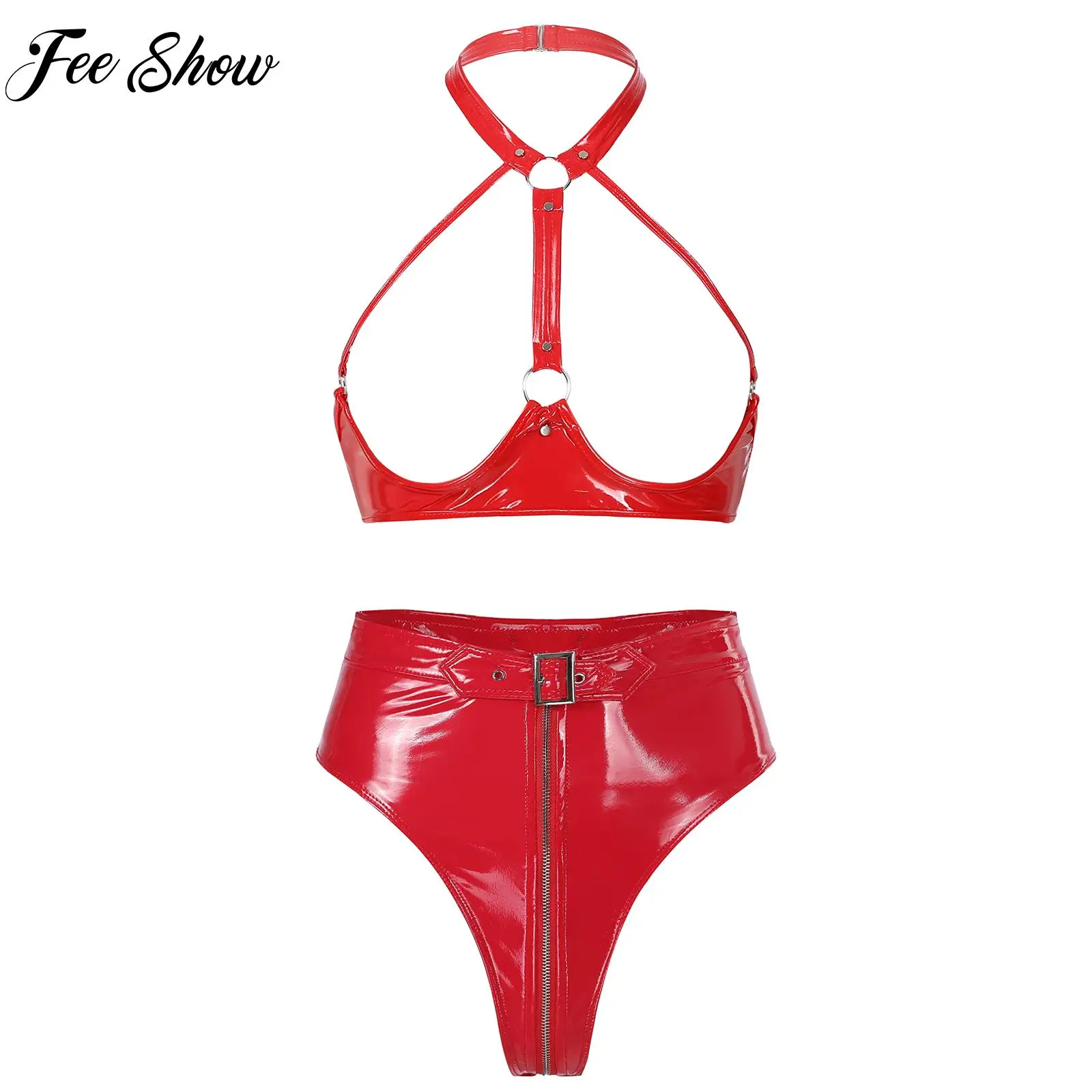 

Sexy Women Exotic Sets Nightwear Glossy Halter Neck Open Bust Backless Bra Top with Briefs Wet Look Patent Leather Lingerie Sets
