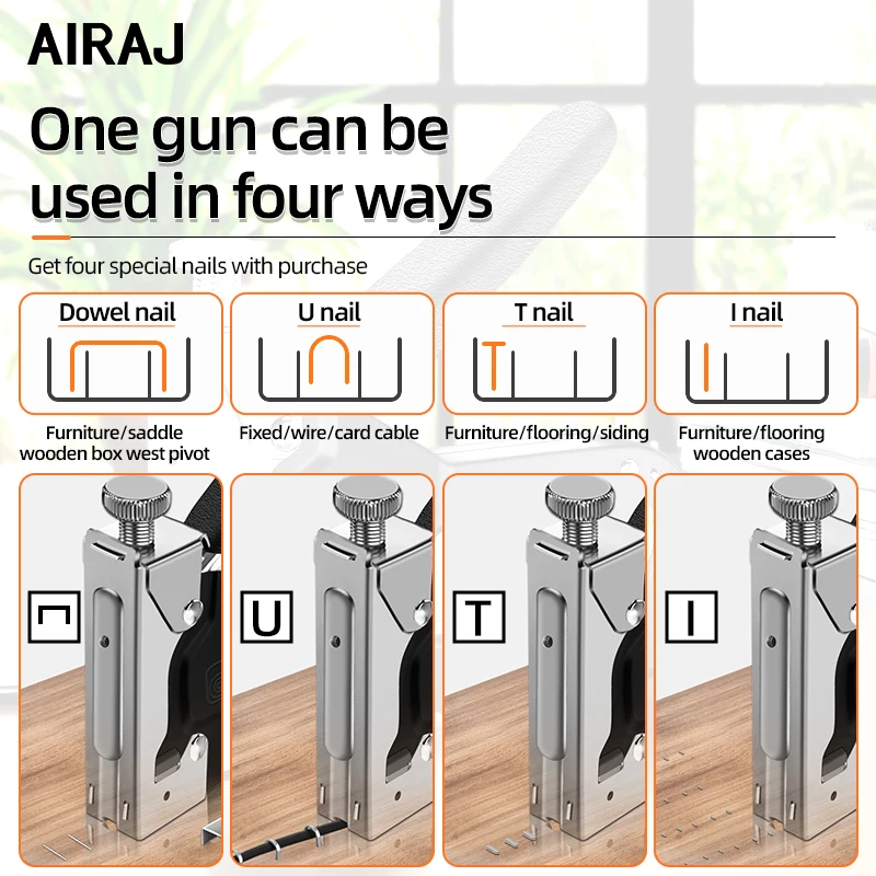 AIRAJ 1Pcs 4 in 1 Nailing Machine Durable Portable Comfortable Universal Door Nail T Nail U Straight Manual Gun