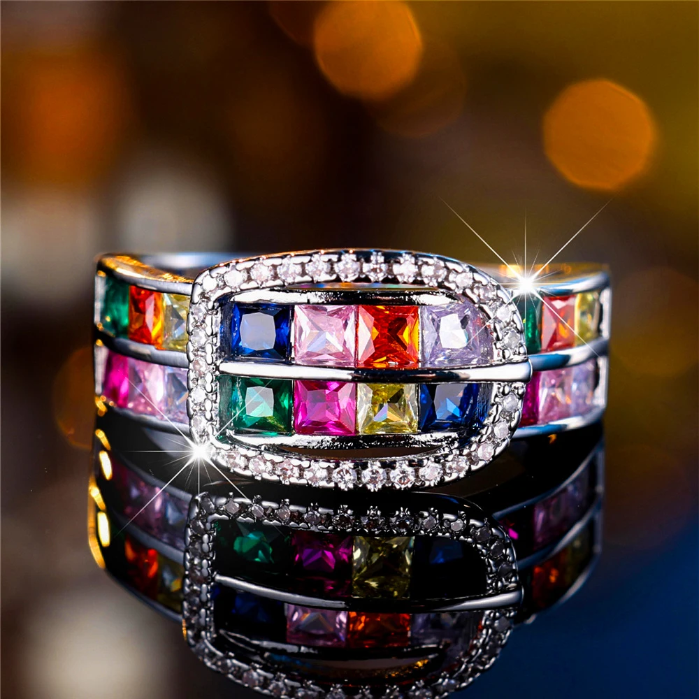 Luxury Female Small Rainbow Zircon Stone Finger Ring Vintage Silver Color Wedding Band Bridal Jewelry For Women