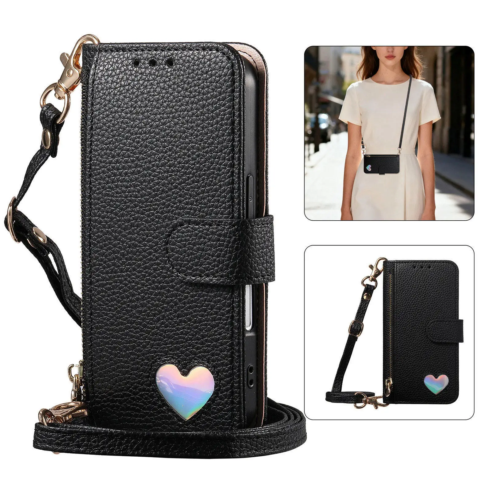 Crossbody Leather Shoulder Zip Wallet Case with Card Slots and Handy Strap
