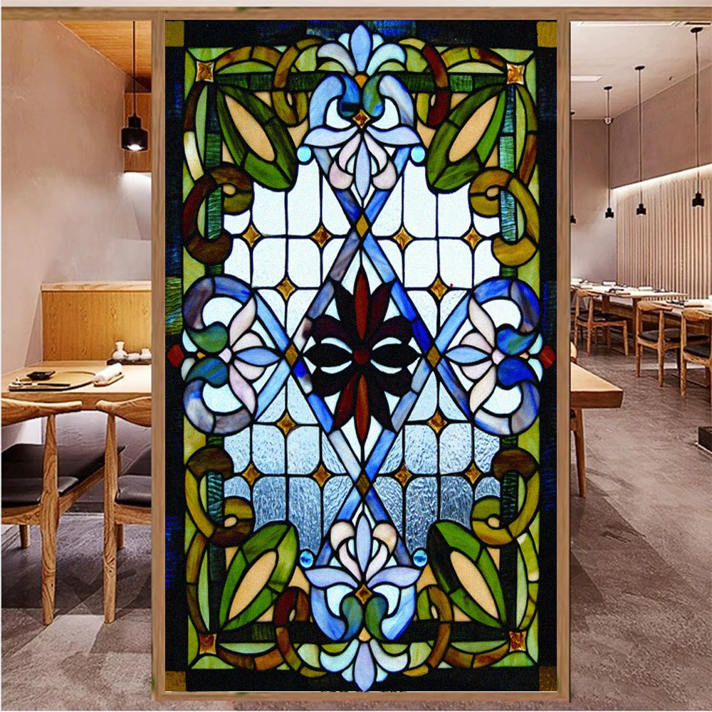 

Blue Church Window Privacy Film Static Clings Stained Glass Non-Adhesive Anti-UV Protection Heat Control Door Stickers for Home