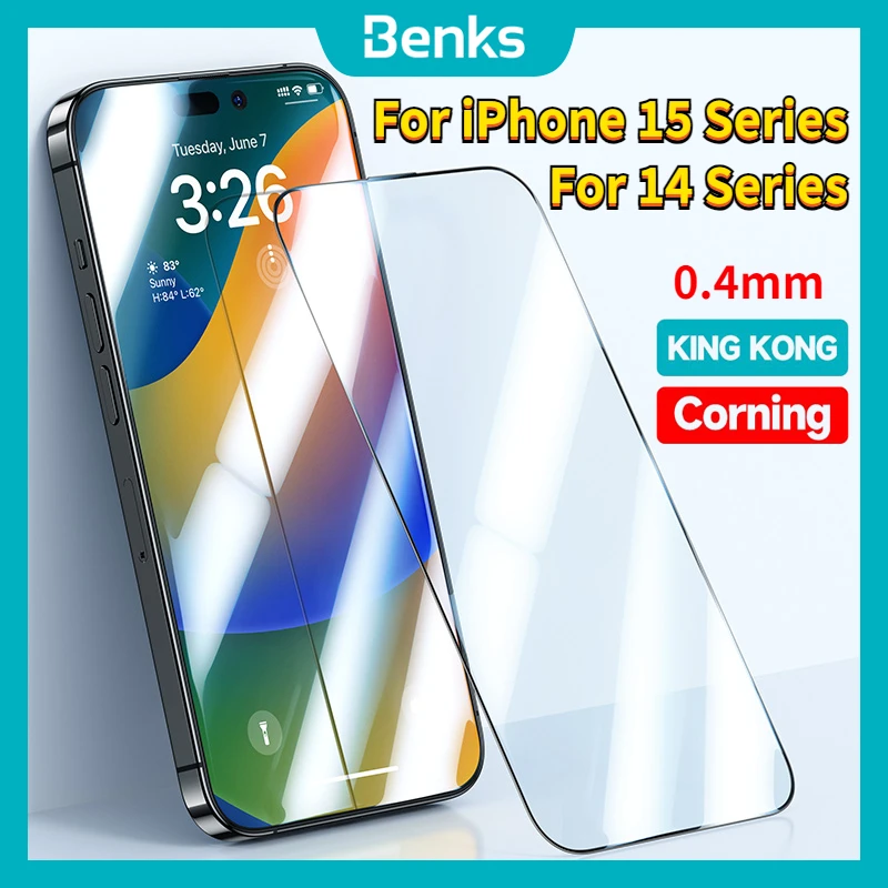 Benks 0.4Mm King Kong Corning Hd Pellicola In Vetro Temperato Per Iphone 15 Pro Max 14 Pro Max Proteggi Schermo Antideflagrante Antigoccia