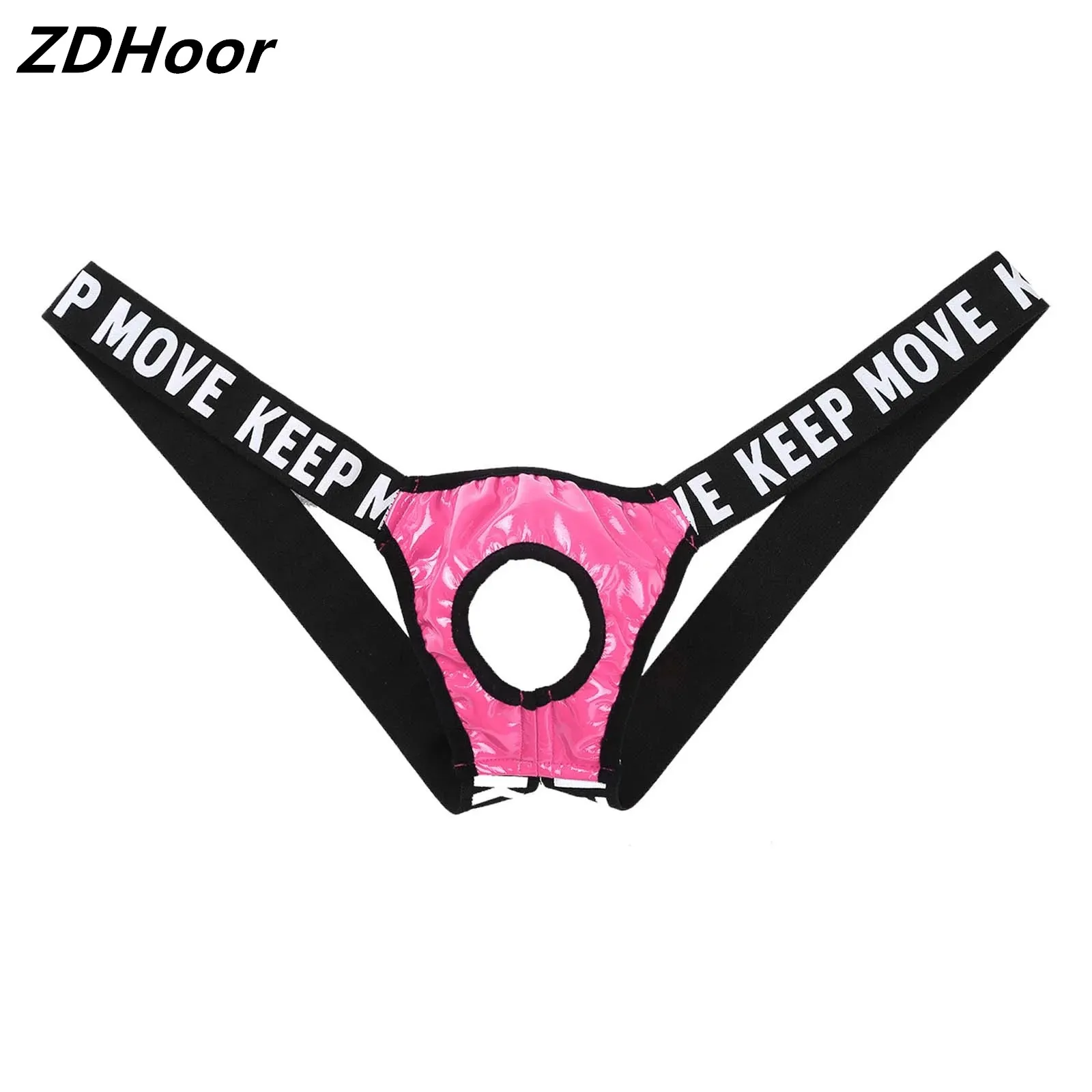 

Hollow Out Patent Leather Bulge Thongs Pouch Jockstrap Men T-Back Letter Print Waistband Underwear