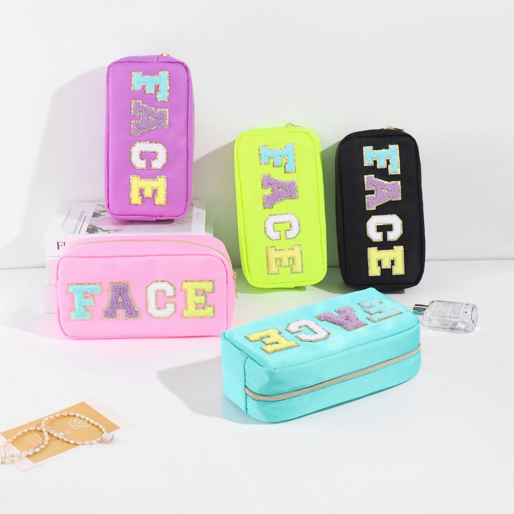 Makeup Bag with Chenille Letter Nylon Cosmetic Bag Portable Travel Organizer Bag Women Toiletry Skincare Zipper Stuff Bags for 5 nylon metal zipper sliders for bags clothes pocket suitcase garment zips pull head repair kit zippers tapes accessories