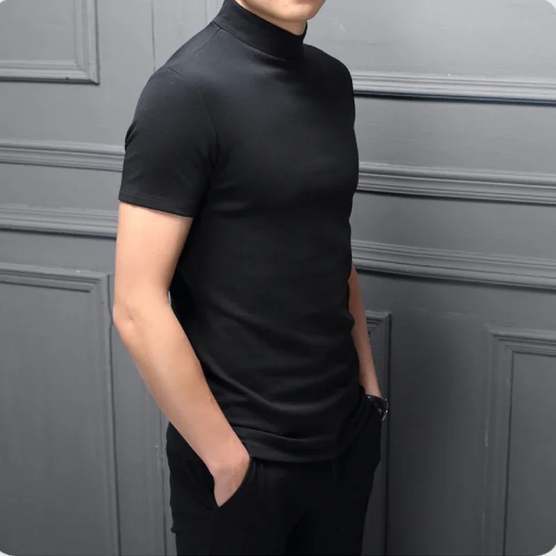 New Summer Men's Half High Collar T-Shirt Mercerized Cotton Short Sleeve Slim Fit Solid Color Modale
