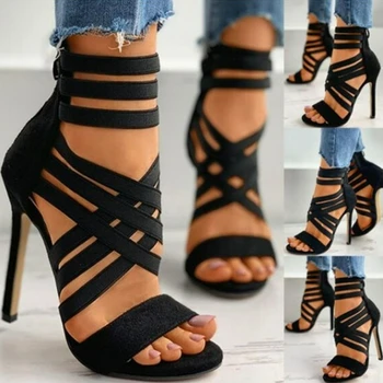 Women's Sandals Elastic Band Cross High Heels Sexy Peep Toe Pumps Summer New Back Zipper Sandals Black Pointed Toe Women Shoes 1