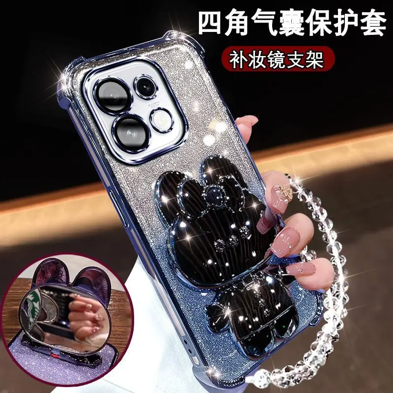 Gradient Glitter Rabbit Makeup Mirror Holder Strap Back Cover