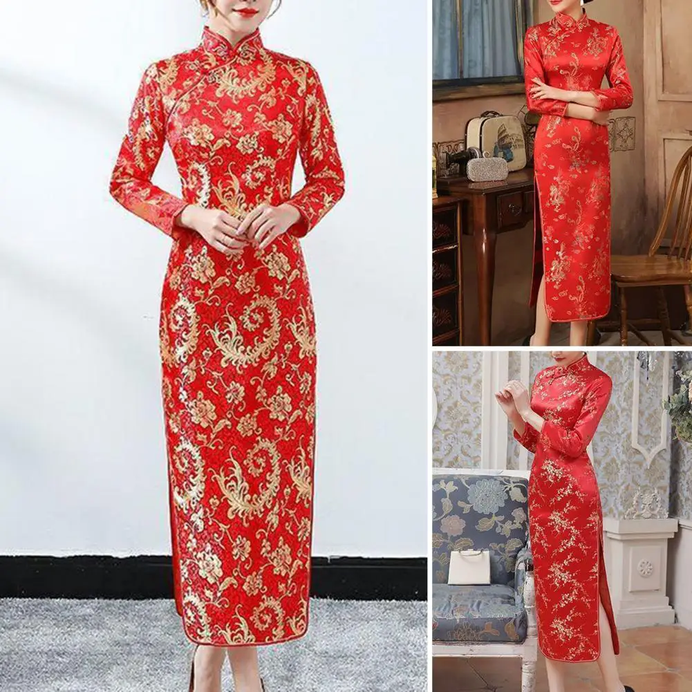 

Soft Touch Cheongsam Dress Elegant Vintage Chinese Style Maxi Dress with Stand Collar Side Split Women's Classic Qipao Cheongsam