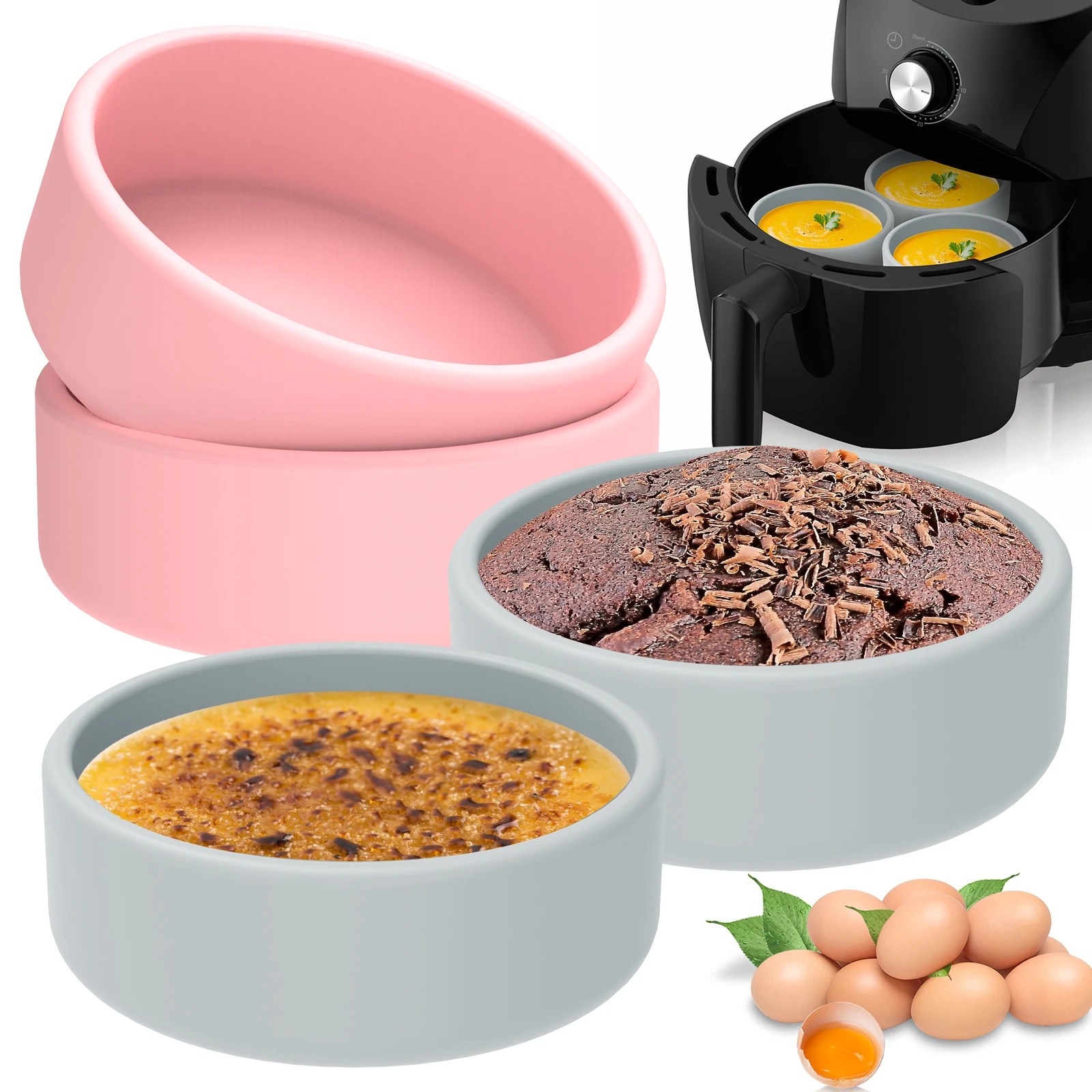 6/3Pcs Air Fryer Egg Moulds Non-Stick Silicone Egg Poacher Cup 4in Air Fryer Egg Poacher Temperature Resistant Muffins Pies Dish
