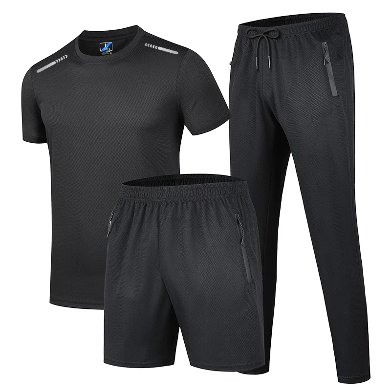 Summer Men's Set Ice Silk Breathable Slim Fit Top Solid Color Loose Sports Shorts 2024 New Gym Clothing Men's Three Piece Set